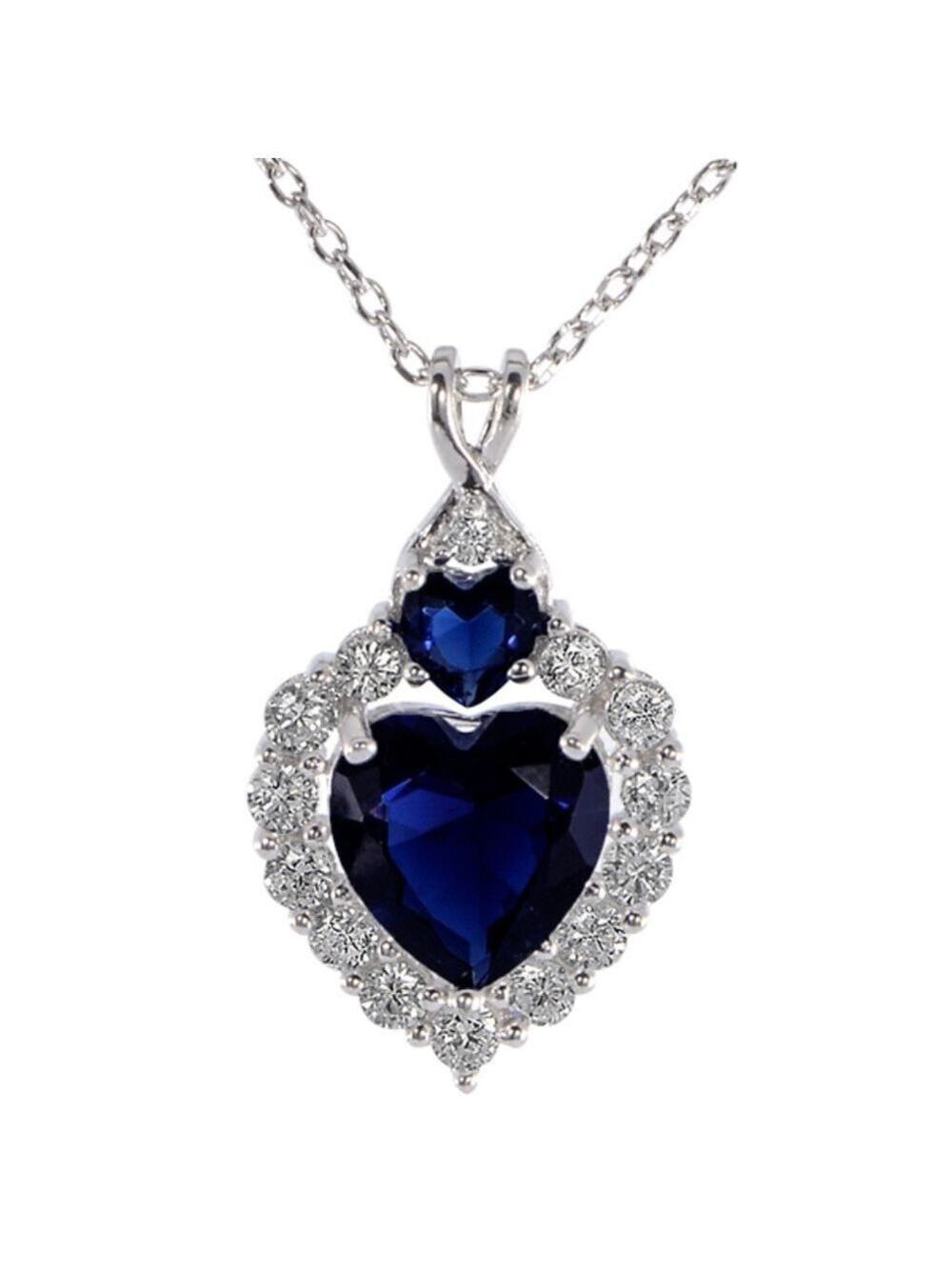 Sterling Silver Heart Blue Sapphires Necklace